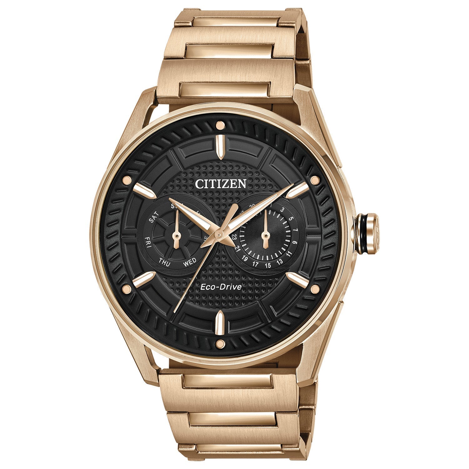 Citizen Drive CTO Eco-Drive BU4023-54E featuring a black dial with rose gold-tone hands and markers, rose gold-tone stainless steel case and bracelet—front view.