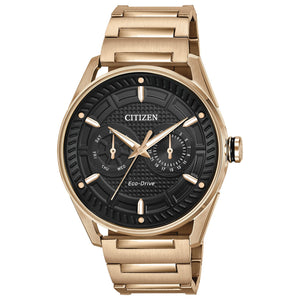 Citizen Drive CTO Eco-Drive BU4023-54E featuring a black dial with rose gold-tone hands and markers, rose gold-tone stainless steel case and bracelet—front view.