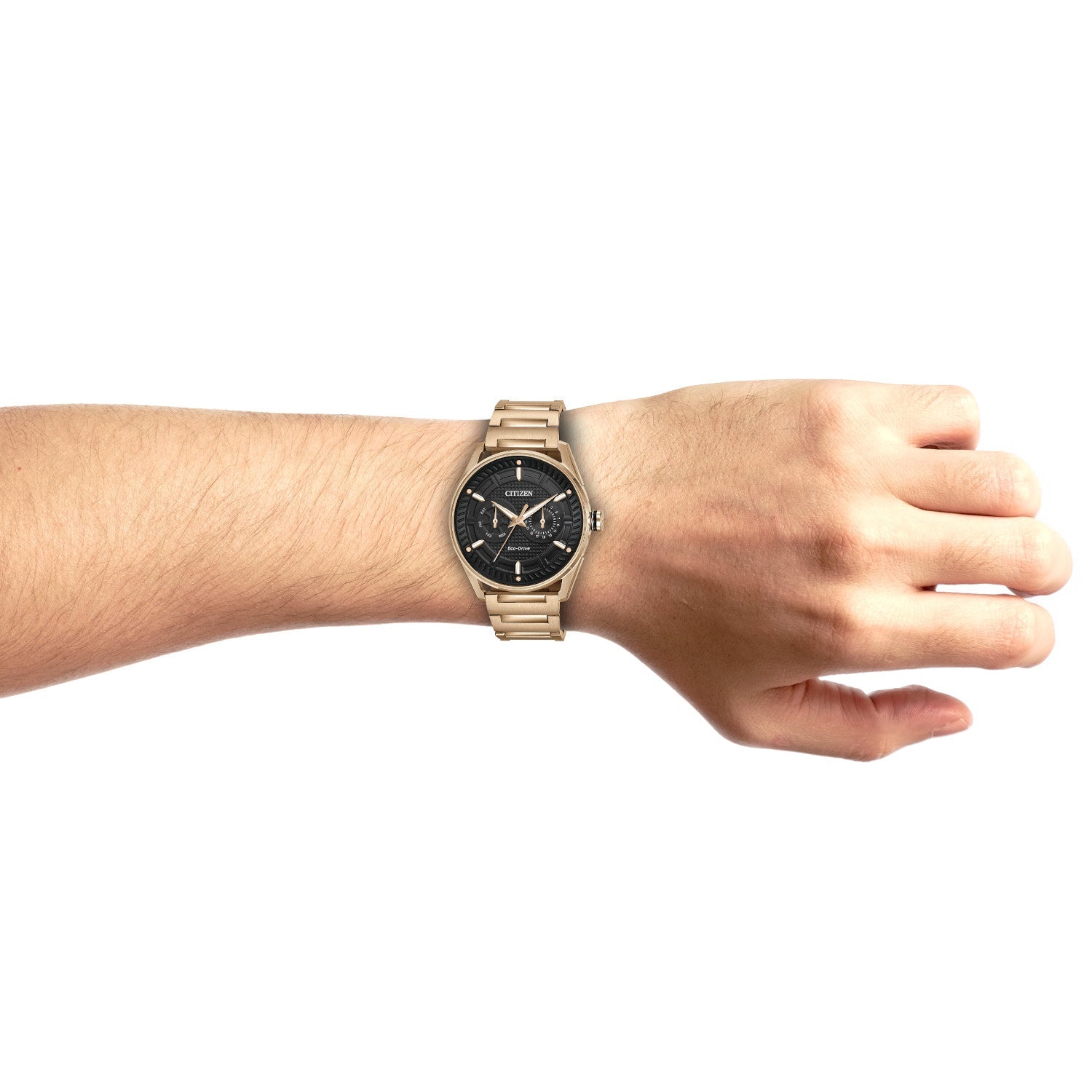 Model wearing the Citizen Drive CTO Eco-Drive BU4023-54E, demonstrating its sleek and modern appearance on the wrist.​