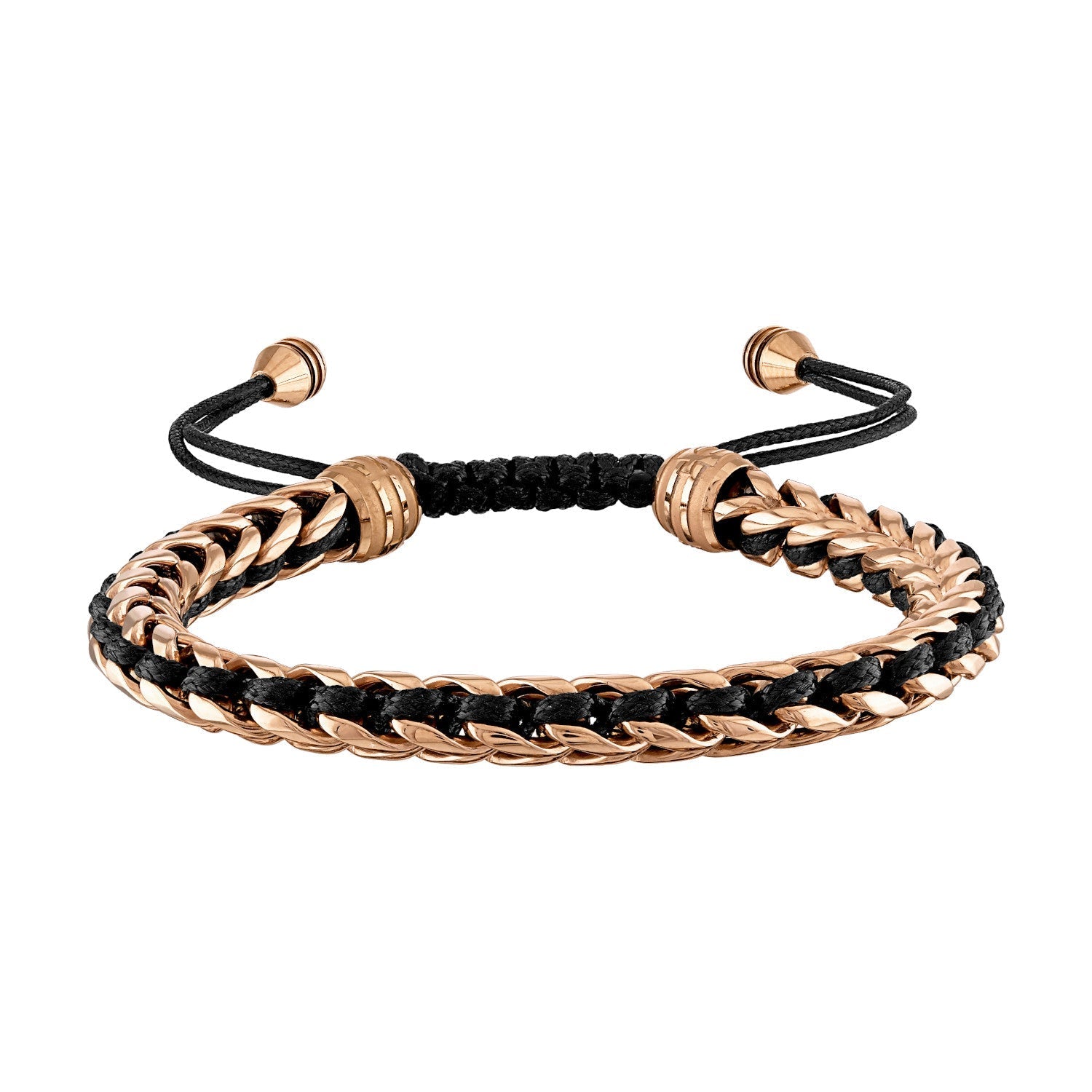 Bulova Latin GRAMMY® Men's Bracelet BVB1009-RBSTNA featuring polished rose-tone stainless steel links interlaced with black cord and accented with rose-tone steel beads—front view.
