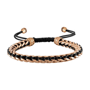 Bulova Latin GRAMMY® Men's Bracelet BVB1009-RBSTNA featuring polished rose-tone stainless steel links interlaced with black cord and accented with rose-tone steel beads—front view.
