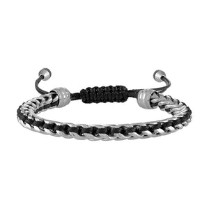 Bulova Classic Men's Bracelet BVB1009-SBSTNA featuring polished stainless steel links interlaced with black cord and accented with two steel beads—front view