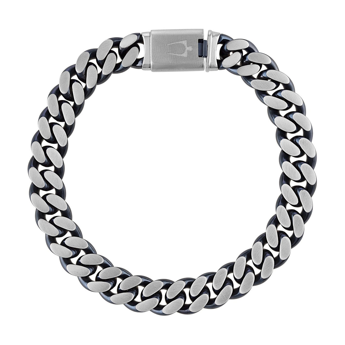  Bulova BVB1015-SLSTNA bracelet showcasing the 10mm brushed stainless steel curb chain with blue ion-plated accents—front view.