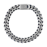  Bulova BVB1015-SLSTNA bracelet showcasing the 10mm brushed stainless steel curb chain with blue ion-plated accents—front view.