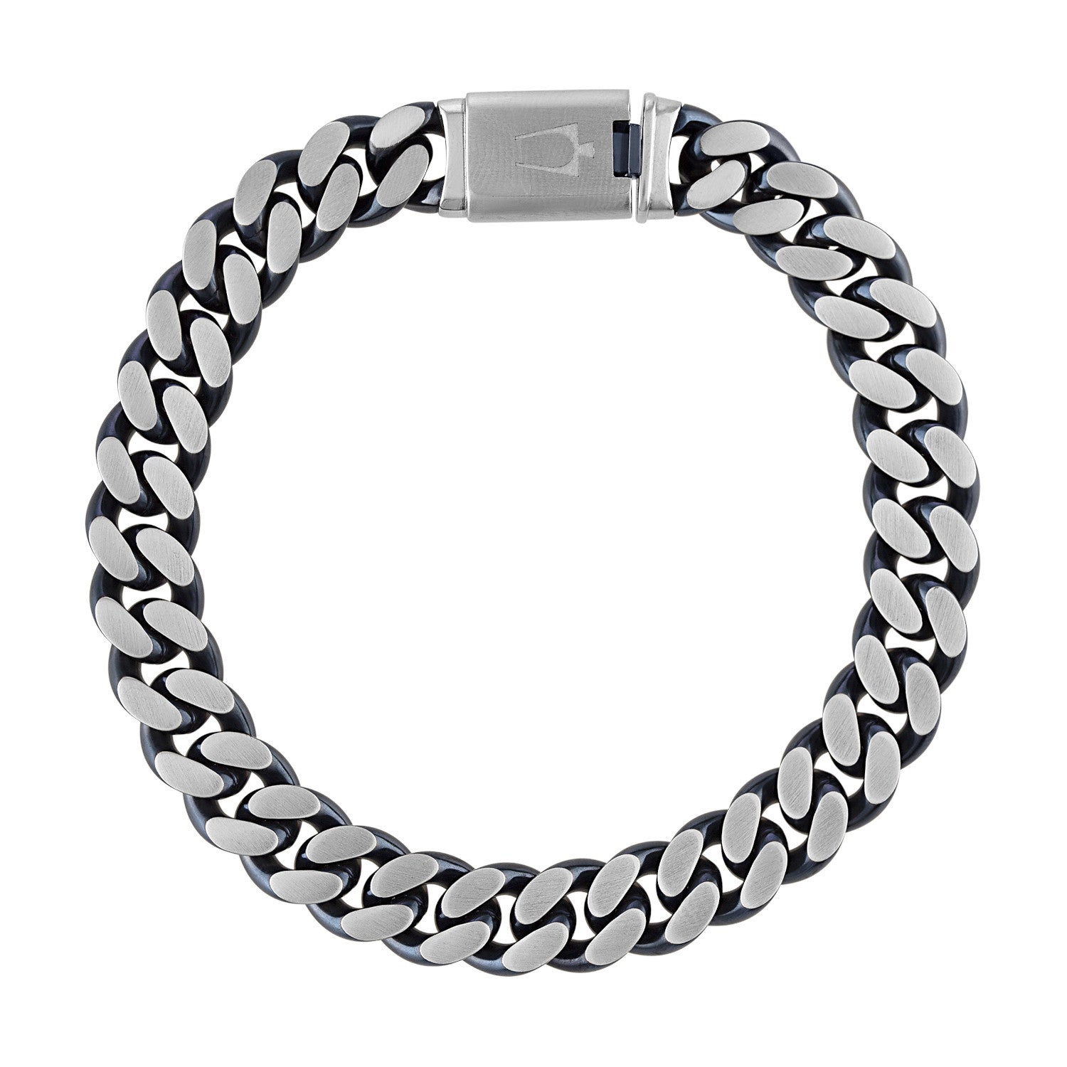  Bulova BVB1015-SLSTNA bracelet showcasing the 10mm brushed stainless steel curb chain with blue ion-plated accents—front view.