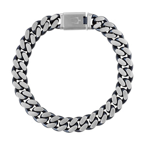  Bulova BVB1015-SLSTNA bracelet showcasing the 10mm brushed stainless steel curb chain with blue ion-plated accents—front view.