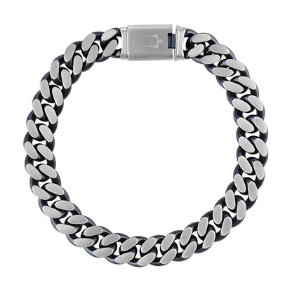  Bulova BVB1015-SLSTNA bracelet showcasing the 10mm brushed stainless steel curb chain with blue ion-plated accents—front view.