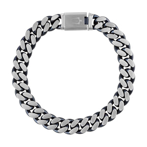 Bulova BVB1015‑SLSTNA curb bracelet front view—10 mm brushed stainless steel links in blue and steel tones with tuning‑fork clasp.