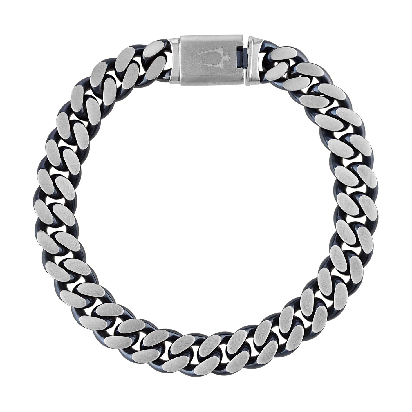 Bulova BVB1015‑SLSTNA curb bracelet front view—10 mm brushed stainless steel links in blue and steel tones with tuning‑fork clasp.