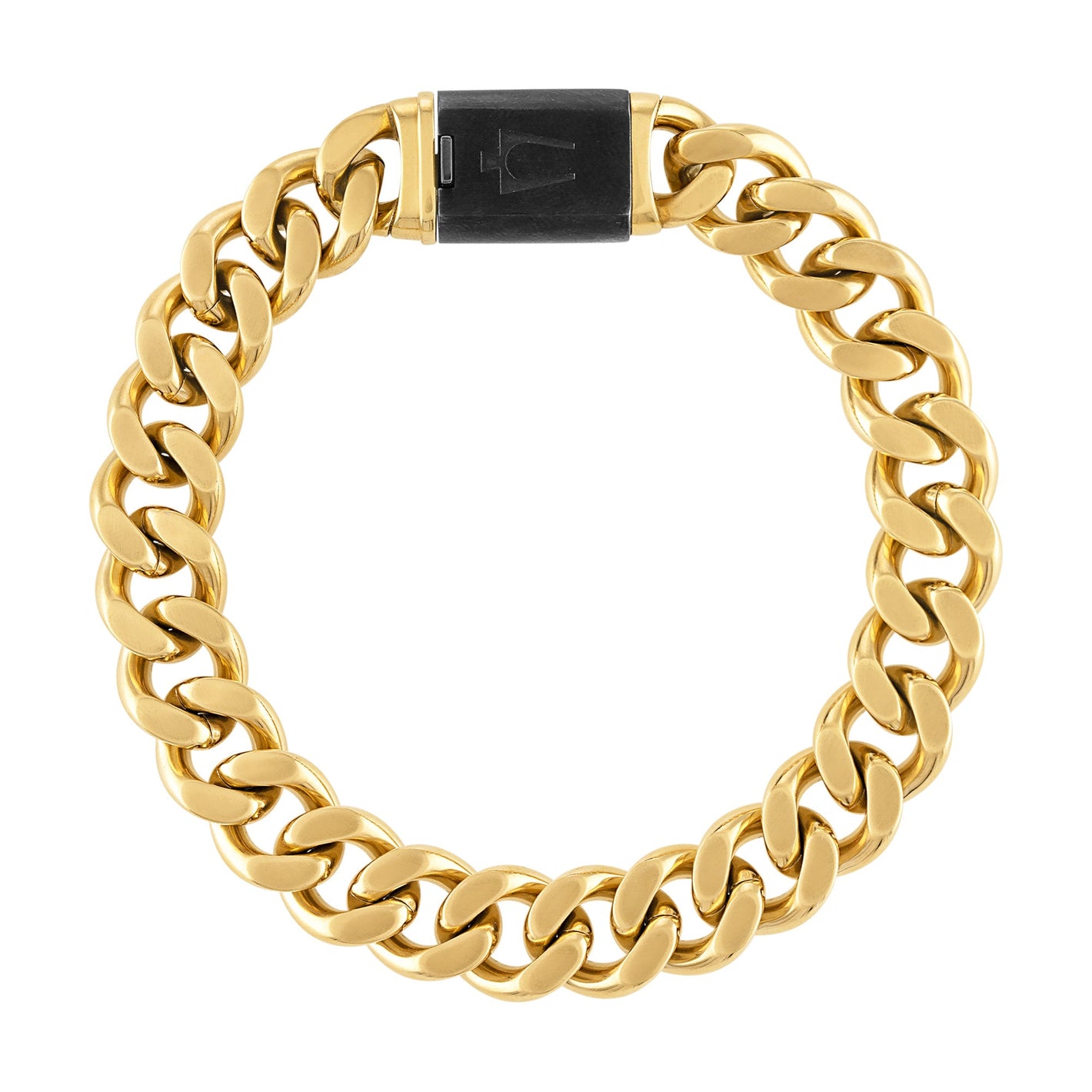 Bulova BVB1016‑GOSTNA 10 mm gold-tone curb chain bracelet—front view showing alternating polished and brushed links and gunmetal tuning-fork clasp.