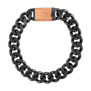 Bulova Latin GRAMMY® Curb Chain Bracelet BVB1016-GRSTNA, showcasing gunmetal stainless steel links and rose-tone clasp—front view.