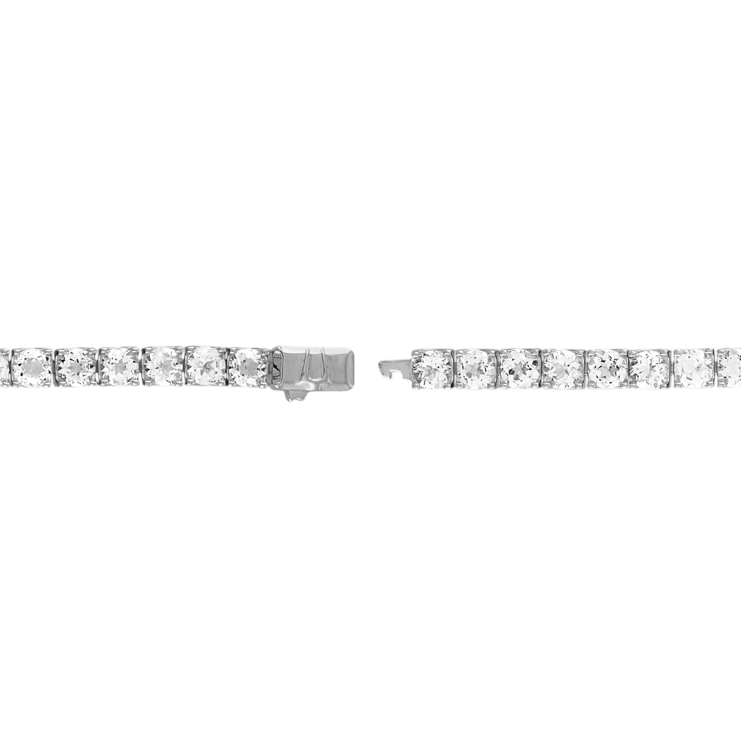 Bulova BVB1017-WSWTO bracelet showcasing rhodium-plated sterling silver with a continuous line of 5mm white topaz gemstones—front view.