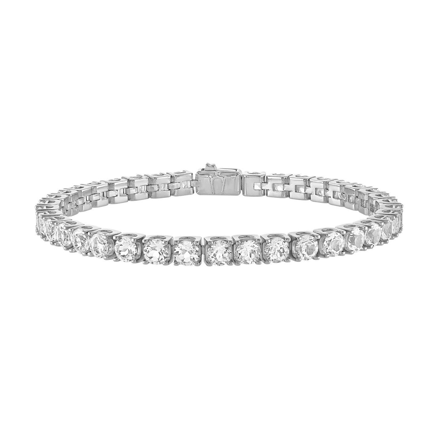 Bulova BVB1017-WSWTO bracelet showcasing rhodium-plated sterling silver with a continuous line of 5mm white topaz gemstones—front view.