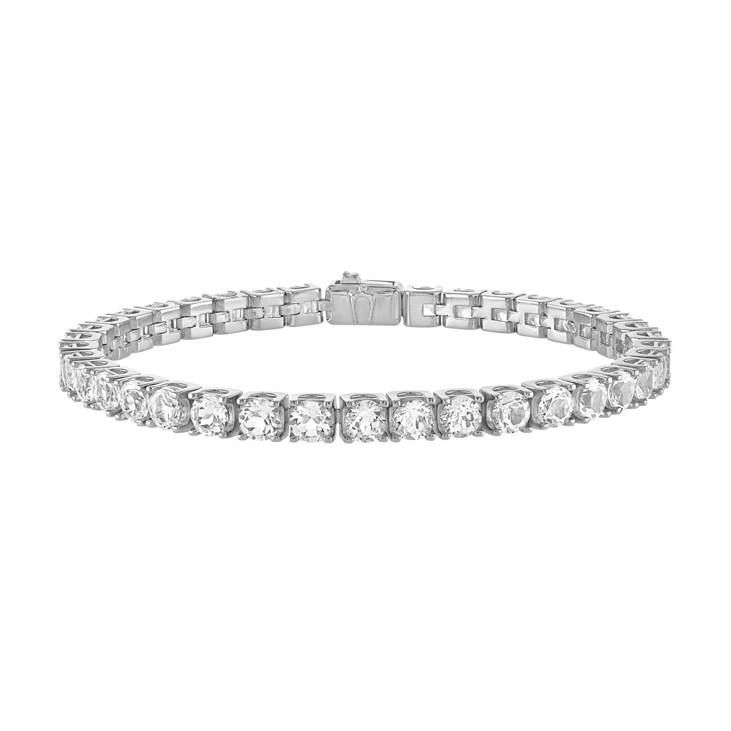 Bulova BVB1017-WSWTO bracelet showcasing rhodium-plated sterling silver with a continuous line of 5mm white topaz gemstones—front view.
