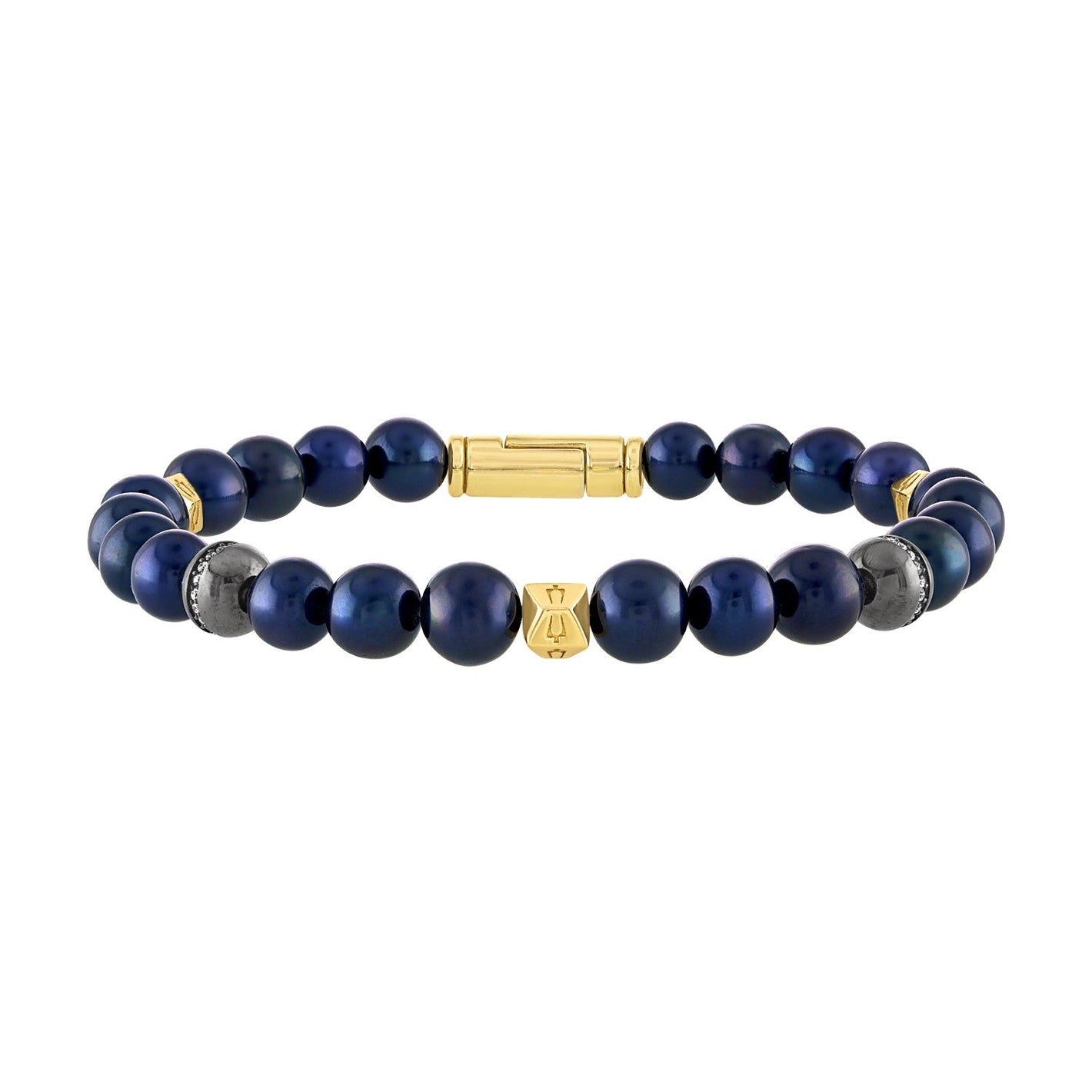 Bulova Classic Bracelet BVB1049-YSSC5FWP featuring navy-hued freshwater pearls, black ruthenium-plated sterling silver beads with white diamonds, and gold-tone hexagonal spheres—front view.