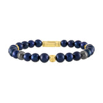 Bulova Classic Bracelet BVB1049-YSSC5FWP featuring navy-hued freshwater pearls, black ruthenium-plated sterling silver beads with white diamonds, and gold-tone hexagonal spheres—front view.