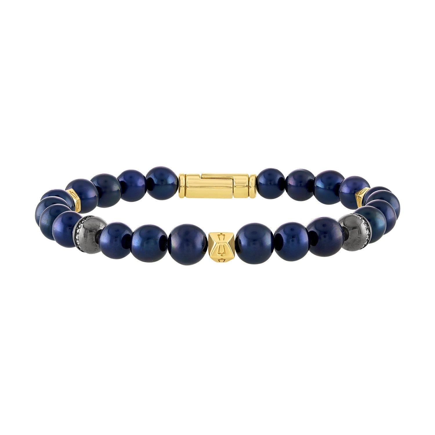 Bulova Classic Bracelet BVB1049-YSSC5FWP featuring navy-hued freshwater pearls, black ruthenium-plated sterling silver beads with white diamonds, and gold-tone hexagonal spheres—front view.