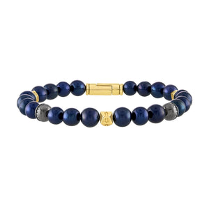 Bulova Classic Bracelet BVB1049-YSSC5FWP featuring navy-hued freshwater pearls, black ruthenium-plated sterling silver beads with white diamonds, and gold-tone hexagonal spheres—front view.