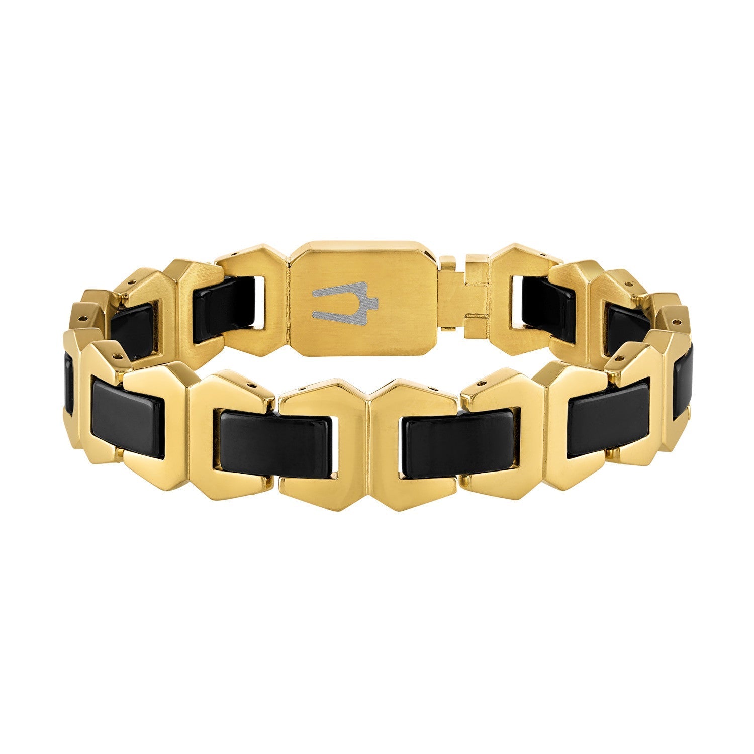 Bulova BVB1056-GSTNA bracelet showcasing gold-tone stainless steel and black ceramic links—front view.