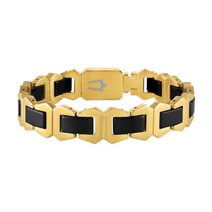 Bulova BVB1056-GSTNA bracelet showcasing gold-tone stainless steel and black ceramic links—front view.