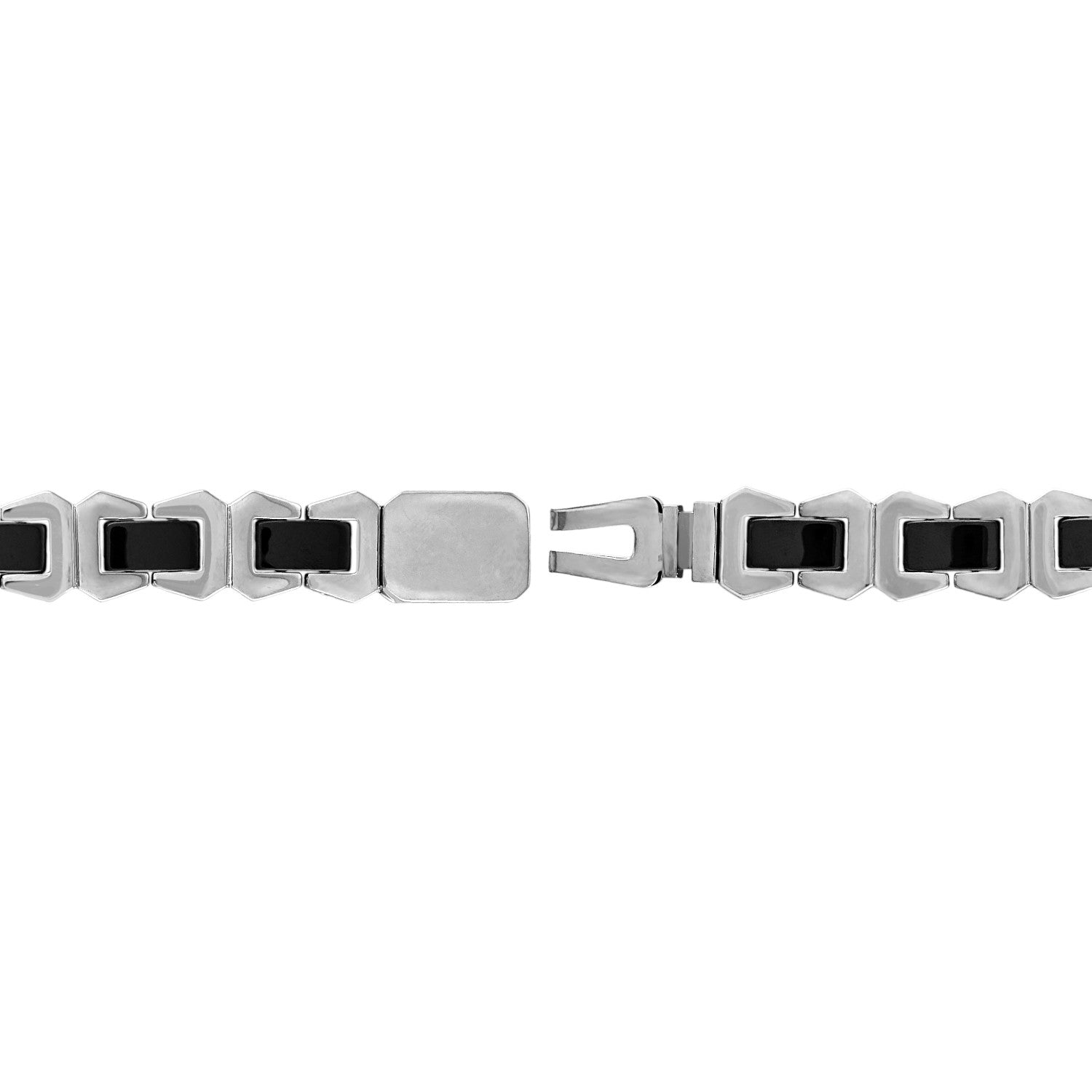 Reverse side of the Bulova Icon Bracelet BVB1056-XSTNA, featuring the custom-designed clasp with tuning fork-shaped tongue and engraved Bulova logo.