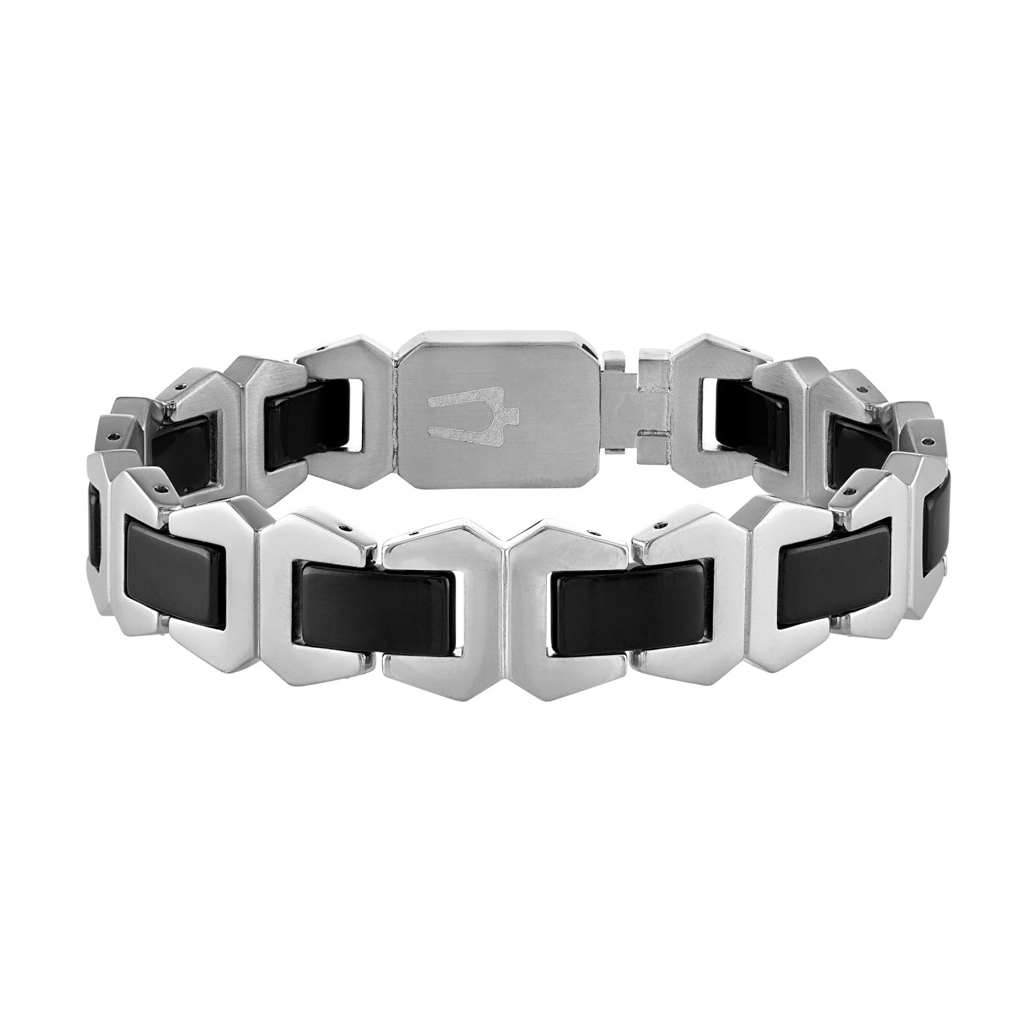 Bulova Icon Bracelet BVB1056-XSTNA, showcasing stainless steel and black ceramic interlocking links—front view.