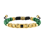 Bulova Classic Jewelry Men's Bracelet BVB1070-GSTMALBSP featuring a black spinel center bead, malachite beads, and gold-tone stainless steel accents—front view.