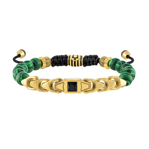 Bulova Classic Jewelry Men's Bracelet BVB1070-GSTMALBSP featuring a black spinel center bead, malachite beads, and gold-tone stainless steel accents—front view.