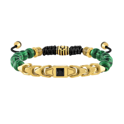 Bulova Classic Jewelry Men's Bracelet BVB1070-GSTMALBSP featuring a black spinel center bead, malachite beads, and gold-tone stainless steel accents—front view.