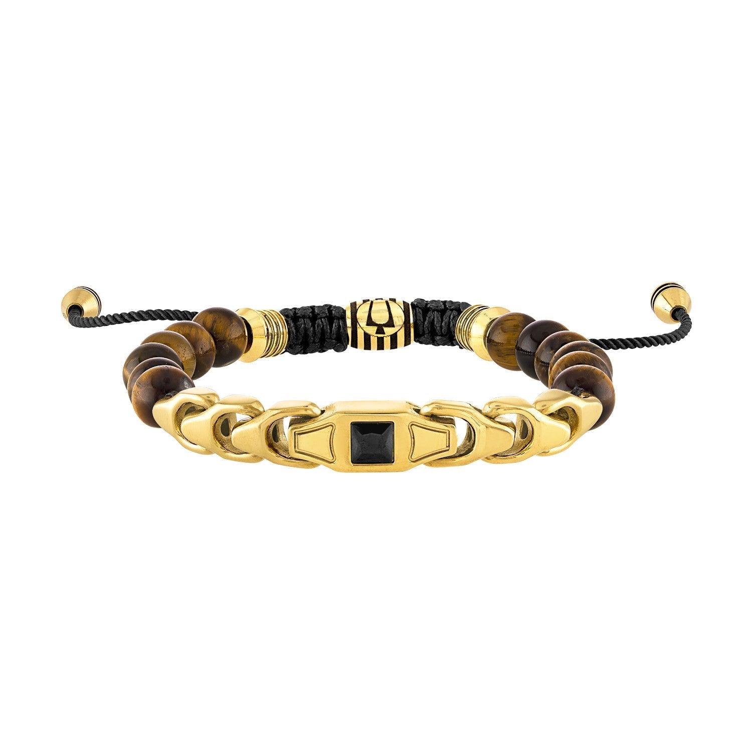 Bulova Classic Jewelry Men's Bracelet BVB1071-YSTTEBSP featuring a black spinel center bead, tiger's eye beads, and gold-tone stainless steel accents—front view.​