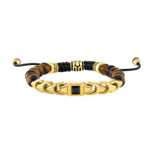 Bulova Classic Jewelry Men's Bracelet BVB1071-YSTTEBSP featuring a black spinel center bead, tiger's eye beads, and gold-tone stainless steel accents—front view.​