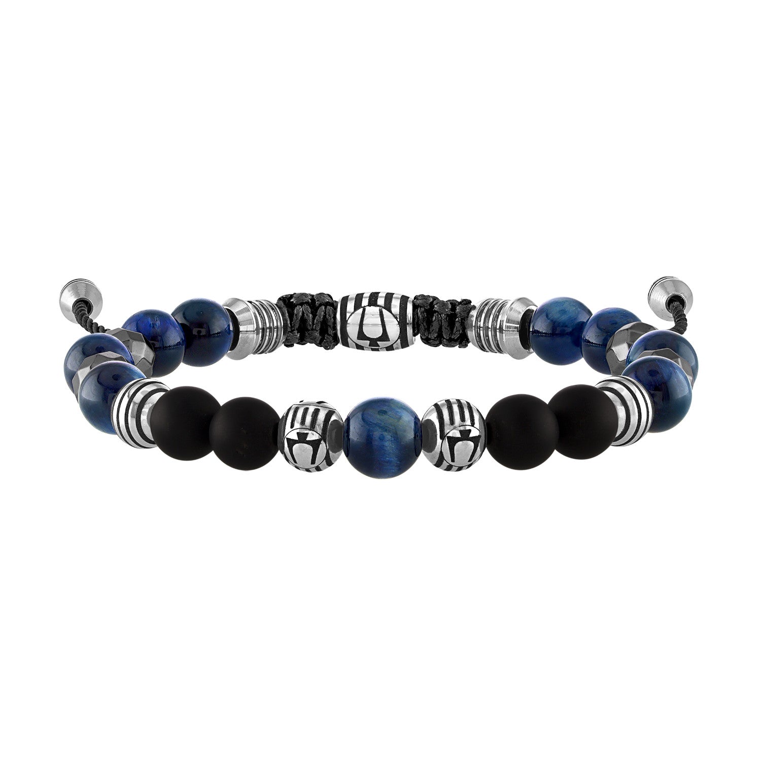  Bulova BVB1072-NSTBTRMAHE beaded bolo bracelet featuring rare blue tiger's eye, matte black onyx, and faceted hematite beads with stainless steel accents—front view.