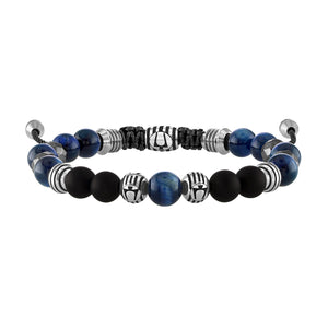  Bulova BVB1072-NSTBTRMAHE beaded bolo bracelet featuring rare blue tiger's eye, matte black onyx, and faceted hematite beads with stainless steel accents—front view.