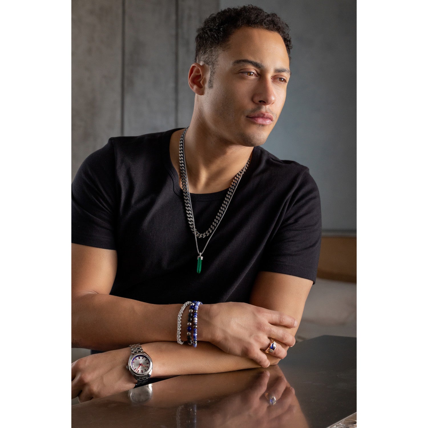 Model wearing Bulova BVB1072-NSTBTRMAHE bracelet, demonstrating its elegant presence and comfortable fit on the wrist.