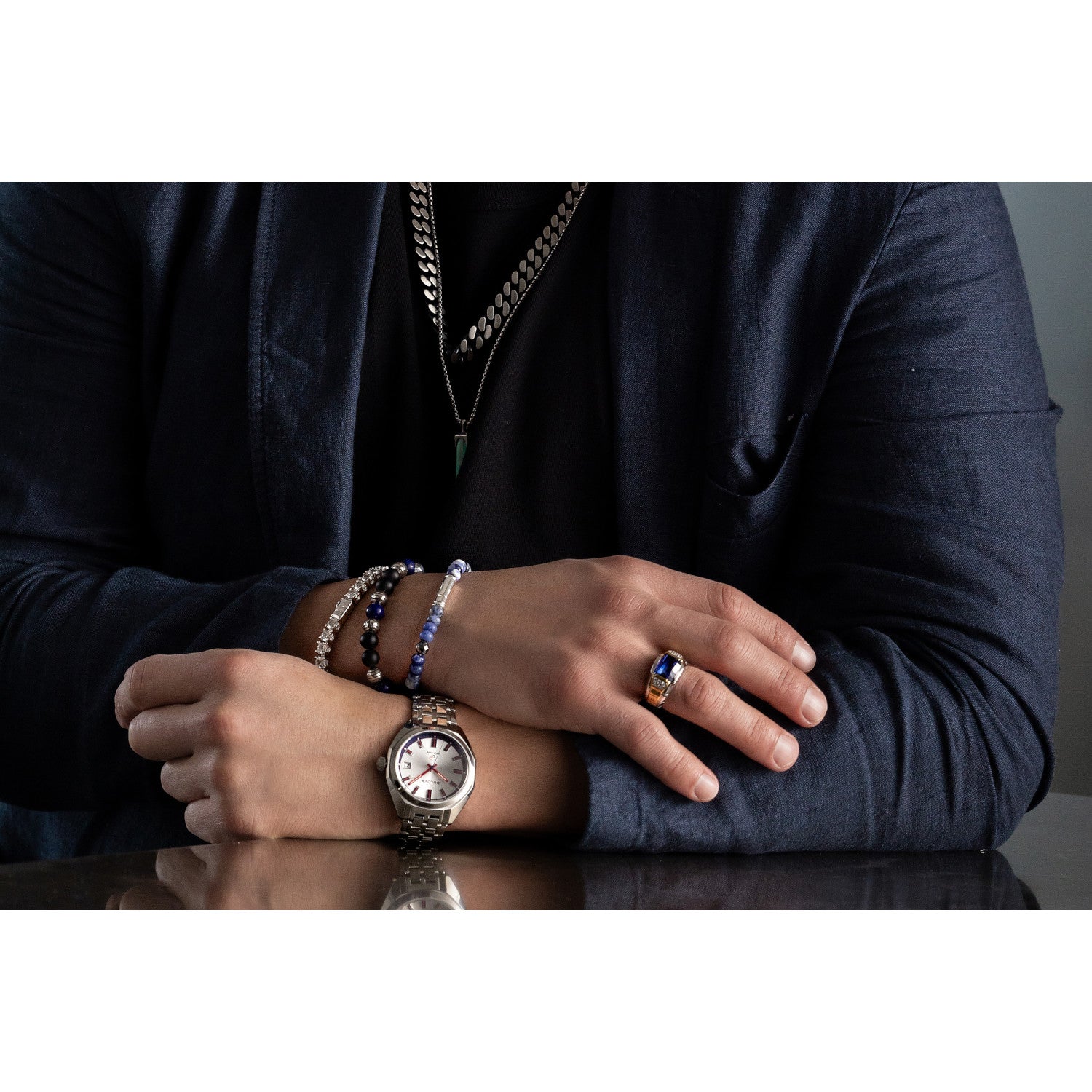 Model wearing Bulova BVB1072-NSTBTRMAHE bracelet, demonstrating its elegant presence and comfortable fit on the wrist.