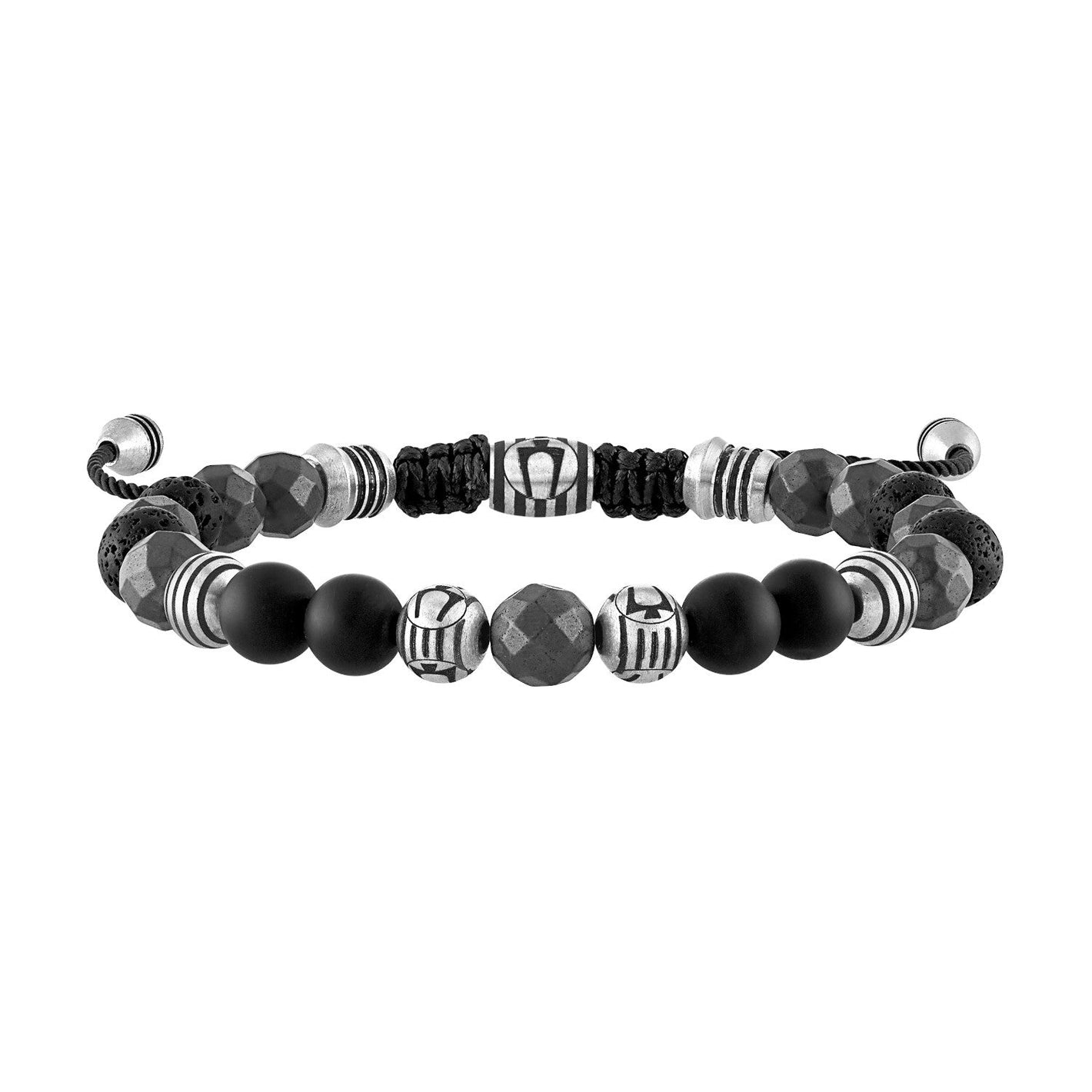 Bulova BVB1072-NSTMA beaded bolo bracelet featuring matte black onyx, hematite, and lava beads with stainless steel accents—front view.