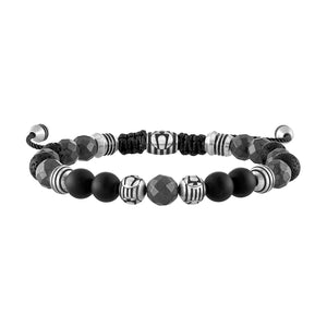 Bulova BVB1072-NSTMA beaded bolo bracelet featuring matte black onyx, hematite, and lava beads with stainless steel accents—front view.