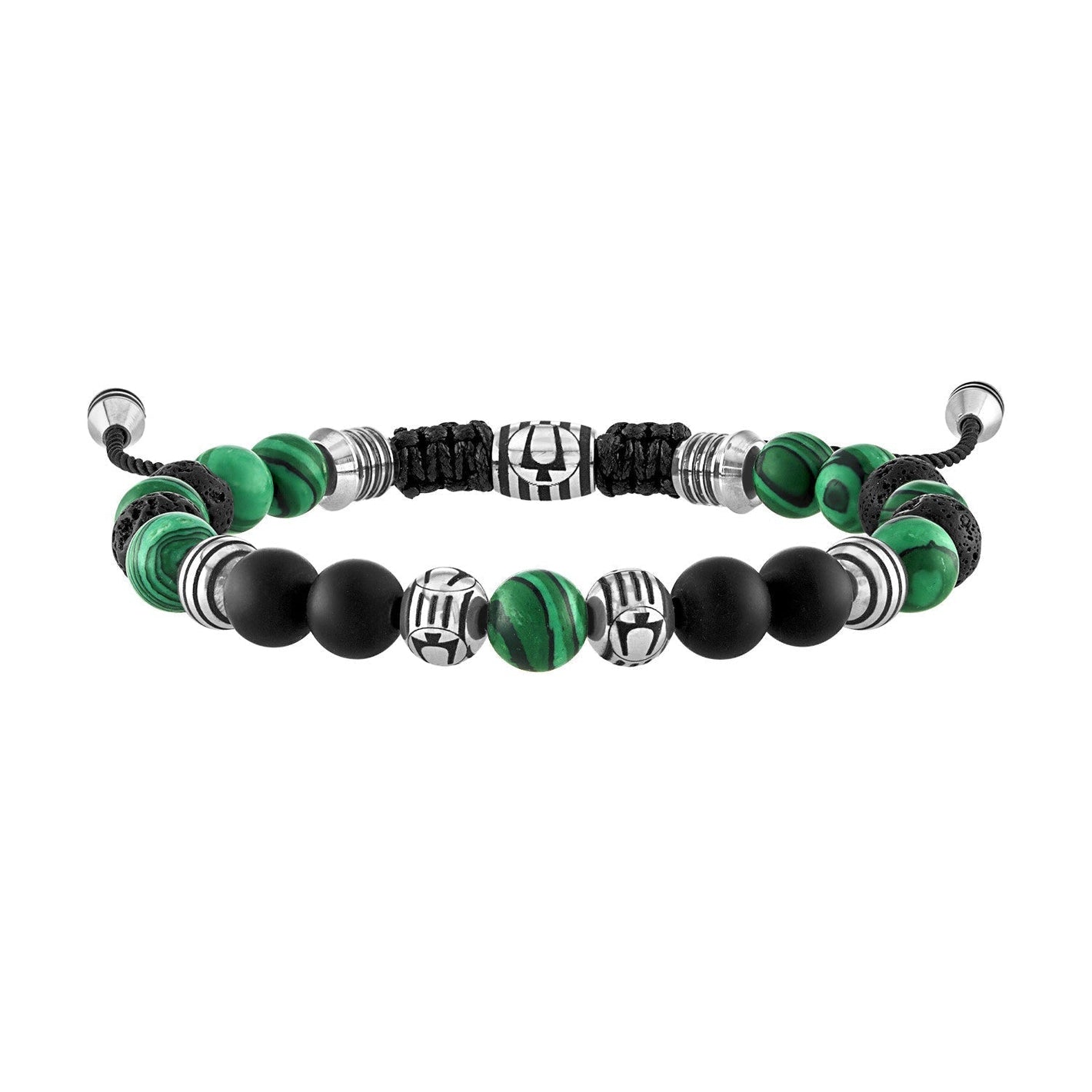 Bulova Classic Adjustable Beaded Bracelet BVB1072-NSTMALMA, showcasing 8mm malachite and matte black onyx beads interspersed with black lava and stainless steel beads, front view.