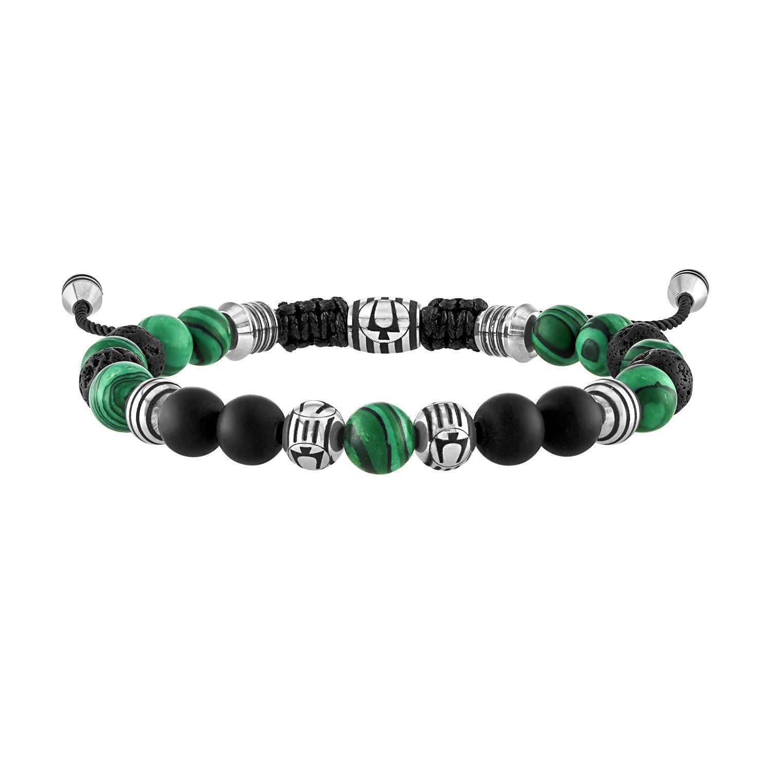 Bulova Classic Adjustable Beaded Bracelet BVB1072-NSTMALMA, showcasing 8mm malachite and matte black onyx beads interspersed with black lava and stainless steel beads, front view.