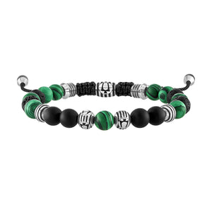Bulova Classic Adjustable Beaded Bracelet BVB1072-NSTMALMA, showcasing 8mm malachite and matte black onyx beads interspersed with black lava and stainless steel beads, front view.