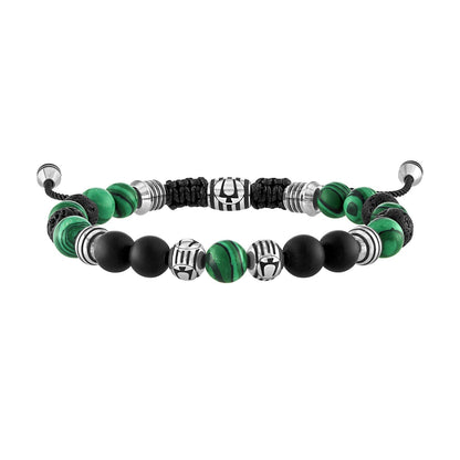 Bulova Classic Adjustable Beaded Bracelet BVB1072-NSTMALMA, showcasing 8mm malachite and matte black onyx beads interspersed with black lava and stainless steel beads, front view.