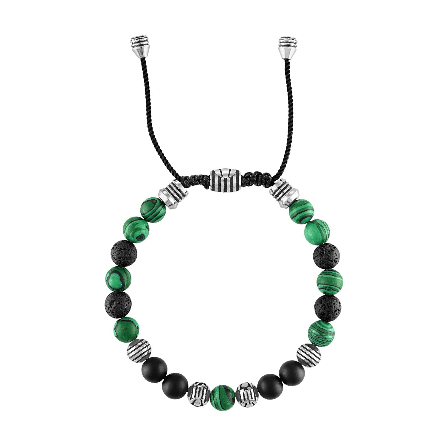 Side profile of the Bulova Classic Adjustable Beaded Bracelet BVB1072-NSTMALMA, highlighting the bead arrangement and adjustable sliding clasp mechanism.