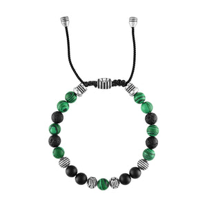 Side profile of the Bulova Classic Adjustable Beaded Bracelet BVB1072-NSTMALMA, highlighting the bead arrangement and adjustable sliding clasp mechanism.