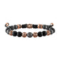 Bulova Latin GRAMMY® Men's Bracelet BVB1072-RSTBKOXHE featuring 8mm matte black onyx, faceted hematite, and black lava beads with rose-tone stainless steel accents—front view.