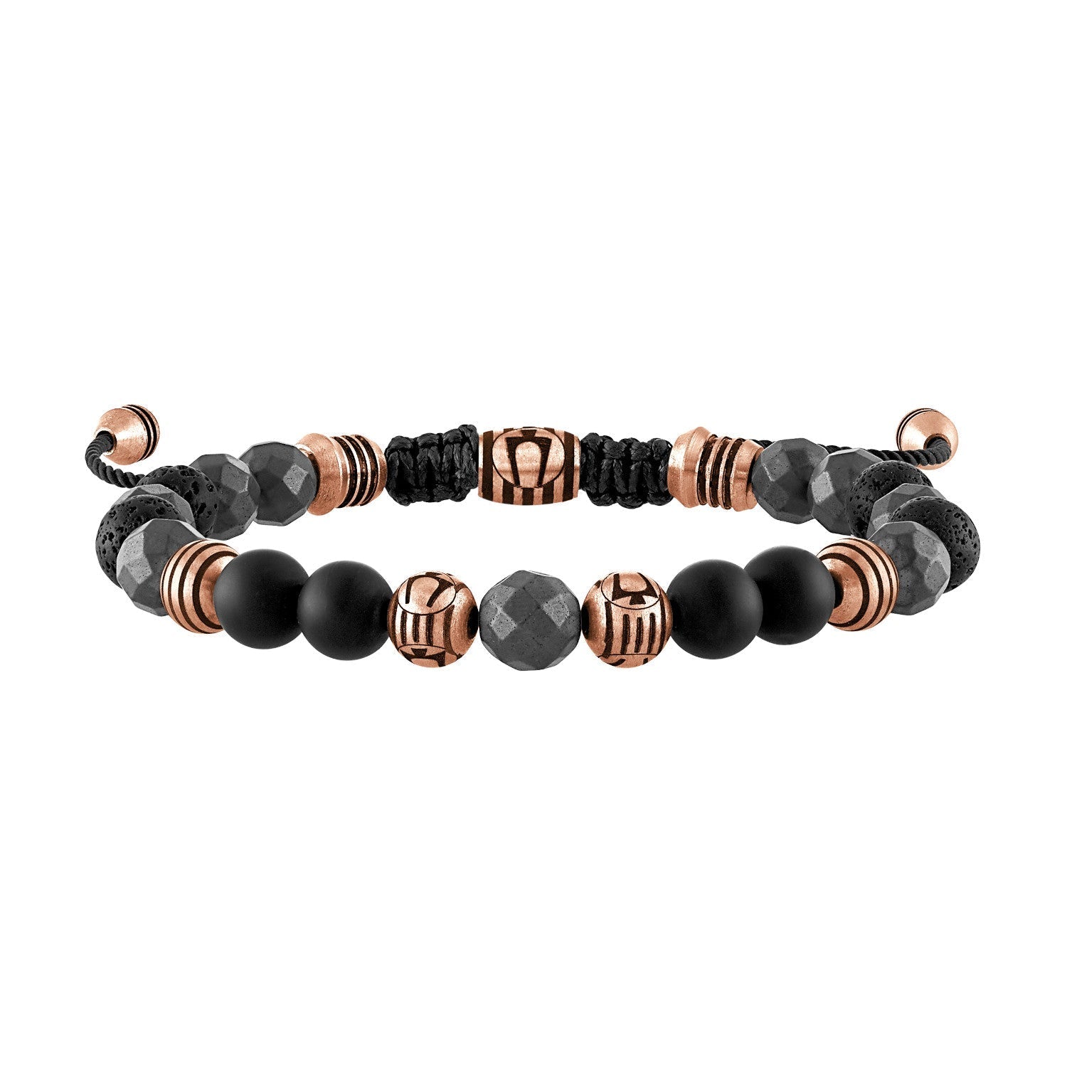 Bulova Latin GRAMMY® Men's Bracelet BVB1072-RSTBKOXHE featuring 8mm matte black onyx, faceted hematite, and black lava beads with rose-tone stainless steel accents—front view.