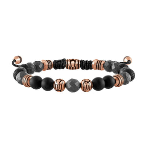 Bulova Latin GRAMMY® Men's Bracelet BVB1072-RSTBKOXHE featuring 8mm matte black onyx, faceted hematite, and black lava beads with rose-tone stainless steel accents—front view.