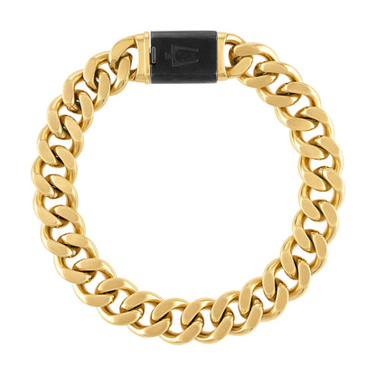 Bulova BVB1080-GOSTNA front view showing an 8″ two-tone curb chain bracelet with polished gold-tone stainless-steel links and brushed surfaces.