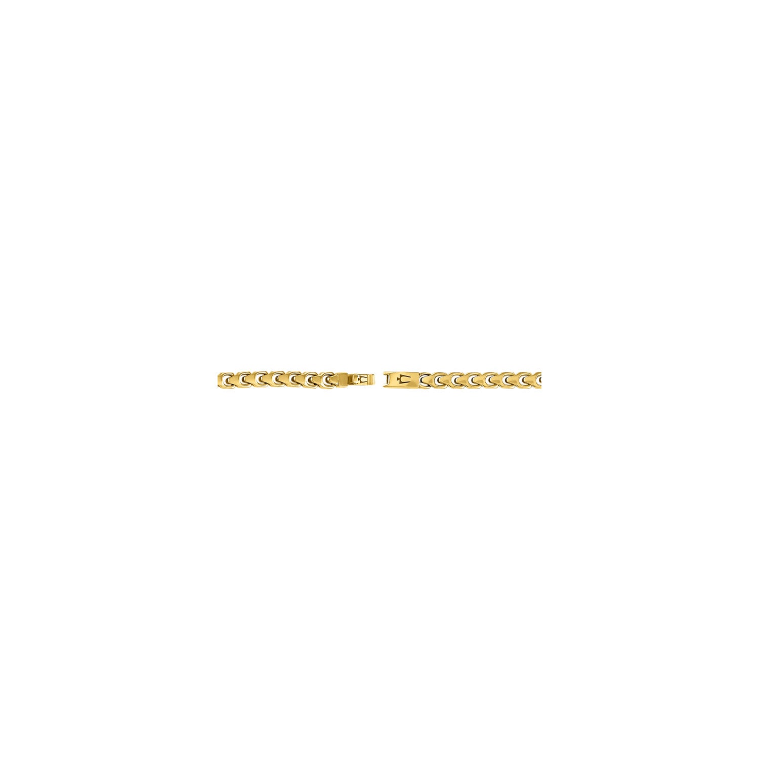 Back view of the Bulova Link™ Bracelet BVB1081-GSTNA85, focusing on the box lock clasp engraved with Bulova's tuning fork logo.