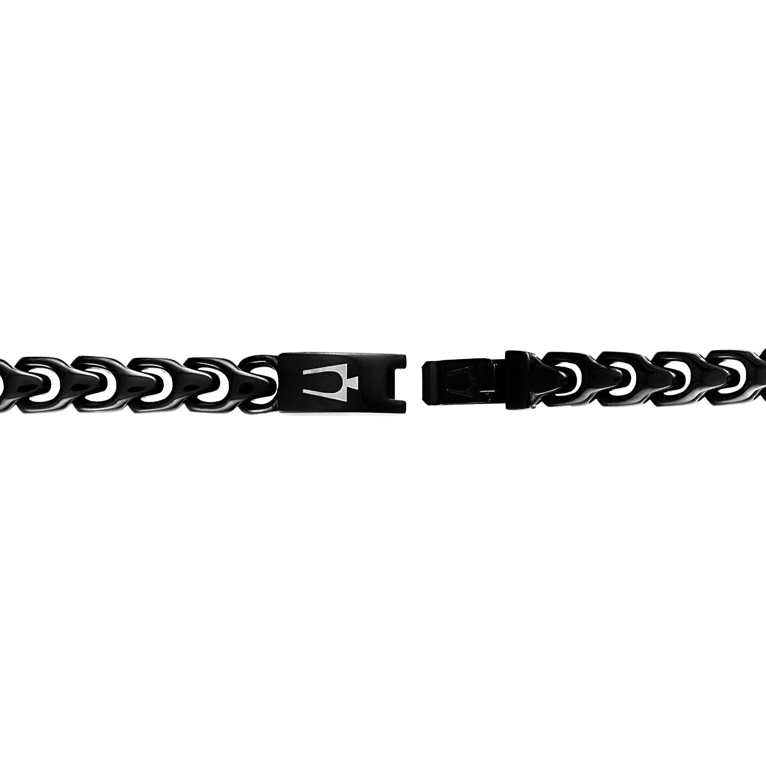Reverse side of the Bulova Link™ Bracelet BVB1082-BKSTNA8, featuring the box lock clasp with engraved Bulova tuning fork logo.