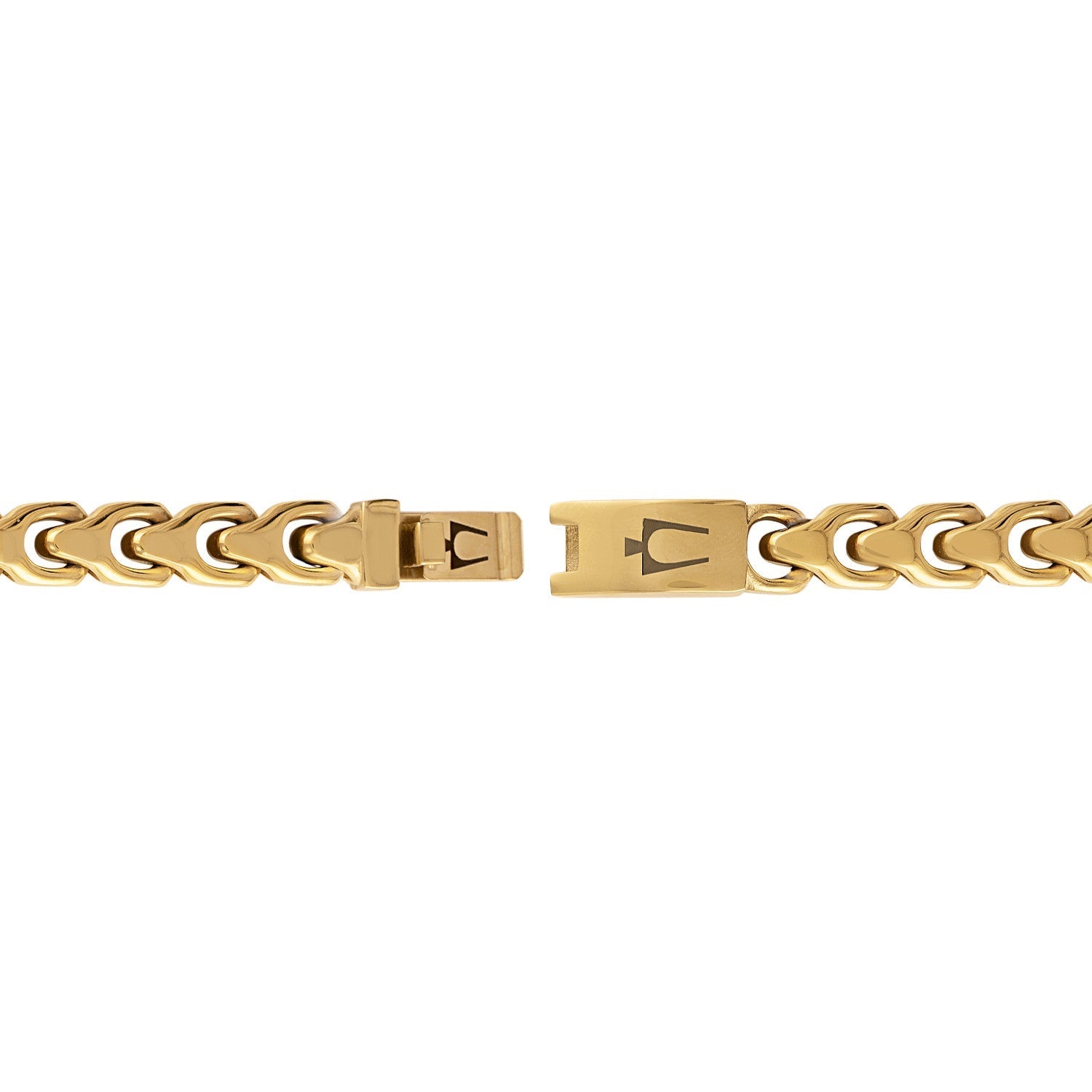 Back view of the Bulova Link™ Bracelet BVB1083-GSTNA85, focusing on the box lock clasp engraved with Bulova's tuning fork logo.
